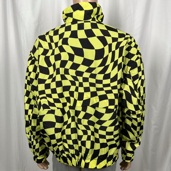 H&M Men's Large Neon Yellow Black Wavy Checkered Full Zip Windbreaker Jacket - Picture 5 of 9